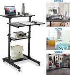 Mount-It! Black Rolling Standing Desk, Adjustable Height up to 54.7", Portable Laptop Podium Desk on Wheels, Mobile Computer Workstation with 4 Shelves, Presentation Cart for Home Office or Classroom