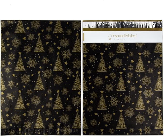 Inspired Mailers - Holiday Poly Mailers 10x13-100 Pack - Christmas Trees and Snowflakes (Black/Gold) - Mailing Envelopes - Christmas Mailers