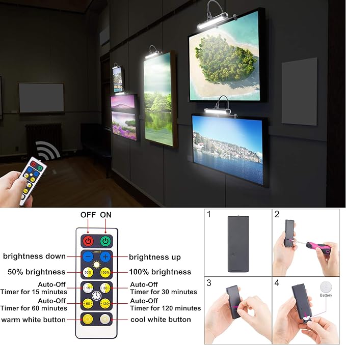 HONWELL Painting Lights Cordless, Dartboard Light with Remote, Rechargeable Picture Light, Picture Frame Lights with 3 Modes 28 LEDs Rotate Head, 360° Flexible Neck,Clip on Display Light for Art-Black