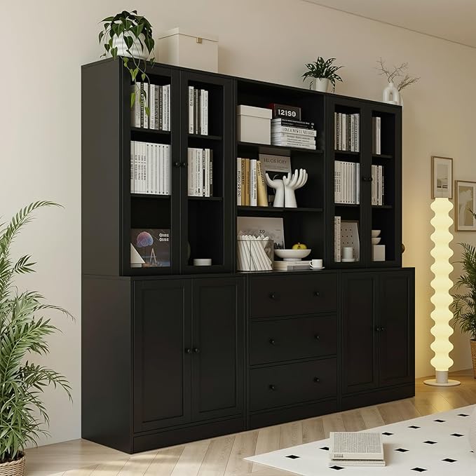 TUSY 71" H Bookshelf Bookcase with Doors, 3-Tier Modern Bookshelves with 3 Large Drawer, Display Bookcase with Glass Doors, Modern 5-Tier Curio Cabinet for Home Office, Dining Room (Black, BAB)