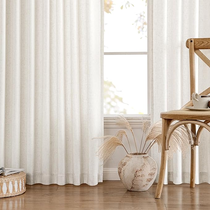 MIULEE Non-See-Through Privacy Linen Curtains 2 Panels, Light Filtering Window Curtains Farmhouse Textured Back Tab Semi Sheer Drapes for Bedroom Living Room, 52 x 63 Inches Long, Natural White
