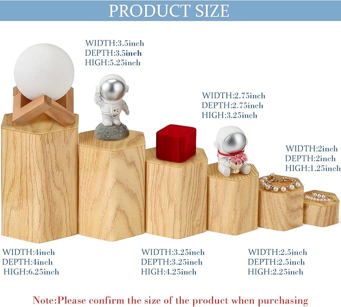 Jetec Hexagonal Jewelry Display Risers Hexagonal Market Display Risers Stands Acrylic Showcase Acrylic Stand for Jewelry Model Figures Decoration, 6 Sizes(Woodgrain,12 Pieces)