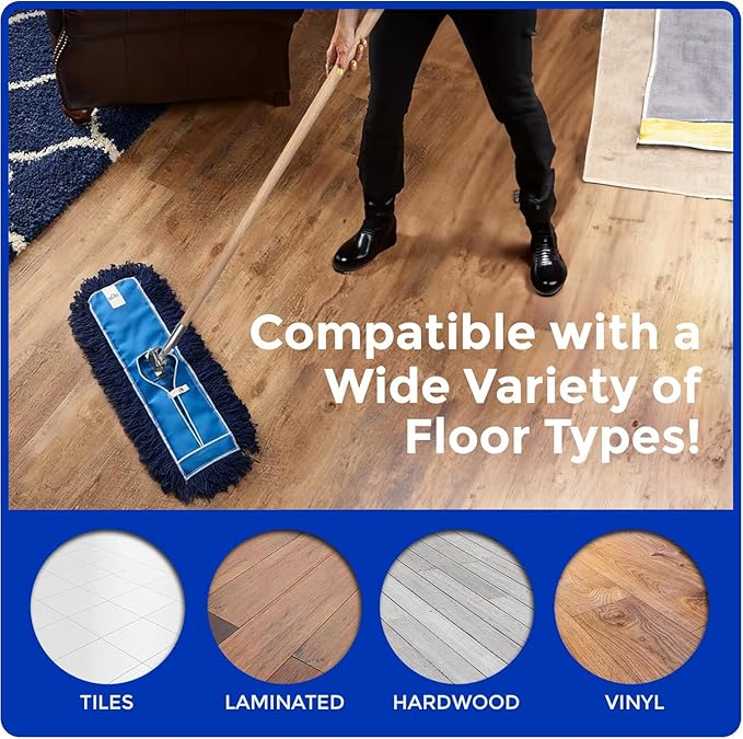 Nine Forty 60" Premium Nylon Dust Mop with Wood Handle - Heavy Duty Mop Head for Industrial, Commercial, and Residential Cleaning - Dry Floor Duster for Hardwood Surfaces and Commercial - Blue