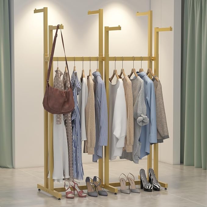 Gold Clothing Racks, Metal Clothes Rack with 6 Straight Arms, Freestanding Garment Rack for Hanging Clothes Heavy Duty, 46" to 63" Adjustable Height Retail Clothing Rack for Boutiques Display