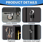 Garage Metal Storage Cabinet with Pegboard, 71'' Tall Storage Cabinet with Adjustable Shelves and Doors, Rolling Tool Cabinet on Wheels for Garage, Utility Room (Black)