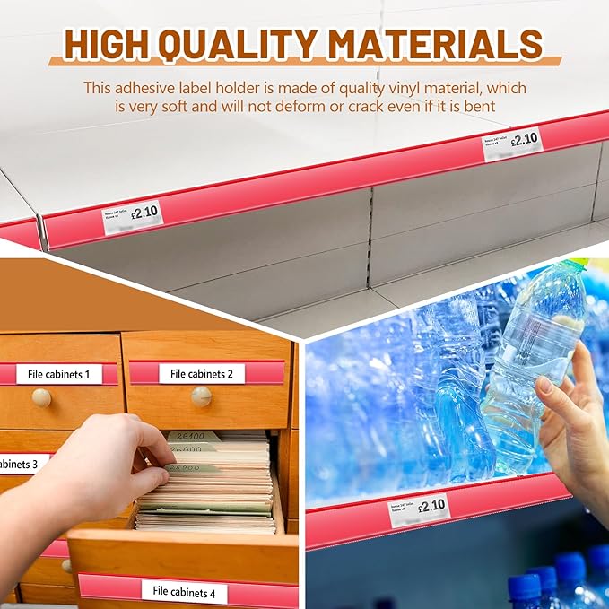 Spiareal 50 Pcs 47.8 x 1.38 Inch Shelf Label Strips Adhesive Back Stick on Data Price Tag Holder Clear PVC Adhesive Ticket Channel for Supermarkets Convenience Shops (Red)
