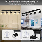 BoostArea Plug in Track Lighting, LED Track Light Kit, Black 5-Light Track Lights for Kitchen, 15 FT Cord,5 Way Ceiling Spotlight, Rotatable Wall Mount Light Head for Bedroom Hallway Living Room