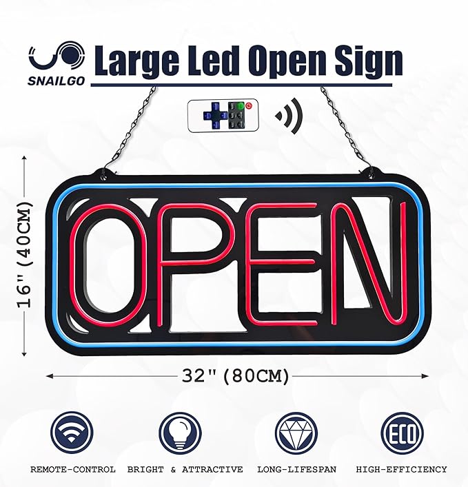 Open Signs for Business,32x16 inch Large Bright Open Sign Neon Led Lighted,Remote Control & Flashing Mode for Window Door Bar Coffee Salon Store,ON/OFF Switch B/Y