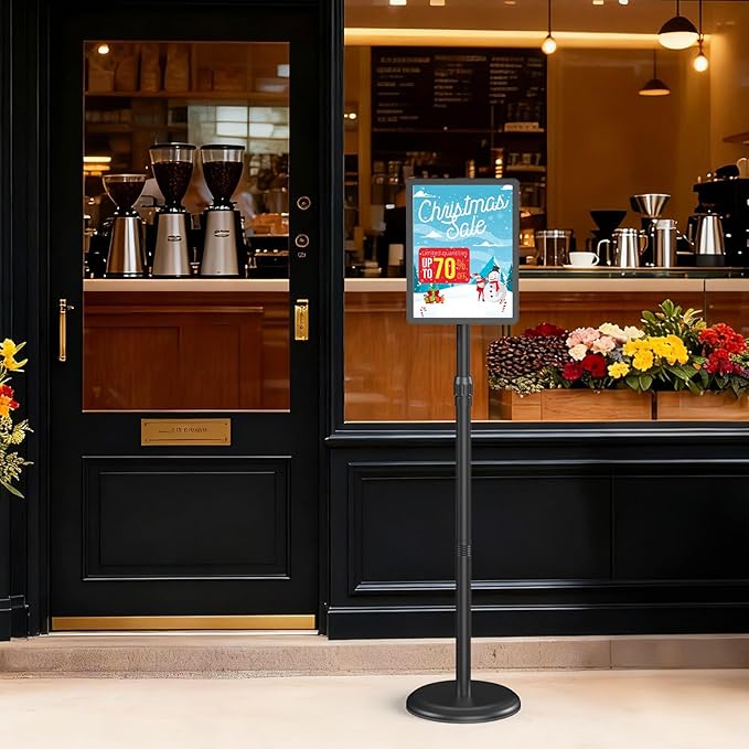 Sign Holder Stand Adjustable Sign Stand 8.5 x 11 Inches Floor Standing Sign Holder Snap-Open Frame 360° Rotating signage stand for Restaurant, Business, Shopping Mall