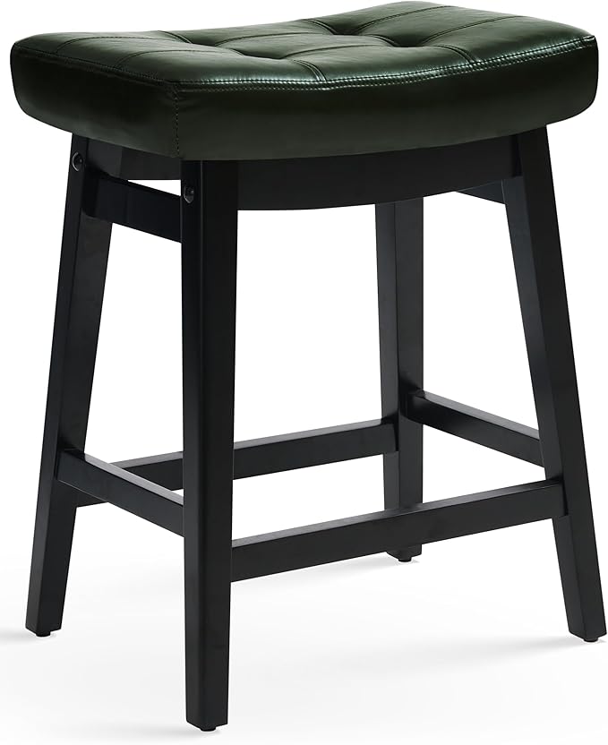 Counter Height Bar Stool for Kitchen Counter Modern Backless Barstool with Upholstered Faux Leather Seat and Solid Wood Leg Farmhouse 24 inch Bar Chair, Green + Black, 1pc