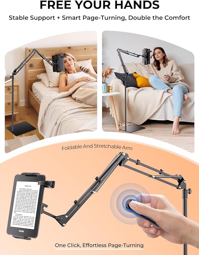 Tryone Tablet Floor Stand for Kindle Holder: E-Book Bed Mount with Page Turner Remote & Flexible Adjustable Arm, 1.85 kg Heavy-Duty Metal Base Compatible with Devices from 4.7-16.1 inches (Black)