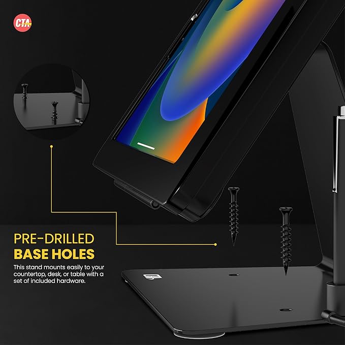 CTA Digital Desktop Anti-Theft Stand – Kiosk Stand with Stylus, Tether, and Aluminum Enclosure for iPad 11th Gen A16 11” - 10th Gen 10.9” - Air 4th & 5th Gen - 11” Pro & More - Black (PAD-DASB109)