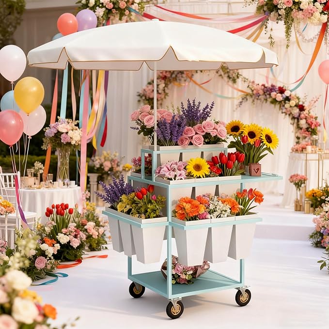 Metal Garden Cart Plant Stand with 18pcs Buckets and parasols, Slide Out Rolling Flower Display Rack, for Florist, Patio Garden, Weddings Party, Business Market (White)