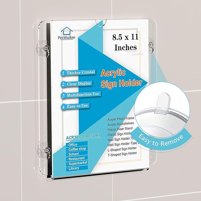 Pecmuikee Acrylic Window Sign Holder Suction Cups 8.5 x 11,Clear Acrylic Frames Wall Mount Advertising Signage Sign Holder for Glass Door Mall, Office, Home, Store, Restaurant (2 Pack)