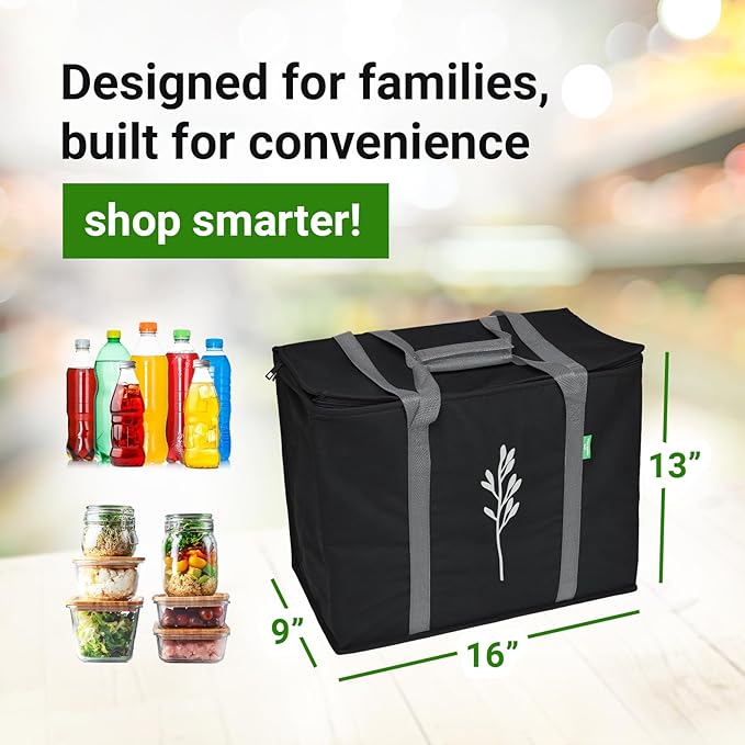 Green Bulldog 2Pack Insulated Grocery Bags – Foldable Reusable Cooler Bags with Handles for Everyday Use, Groceries, Food Delivery, and Shopping – 16”x9”x13”, Black