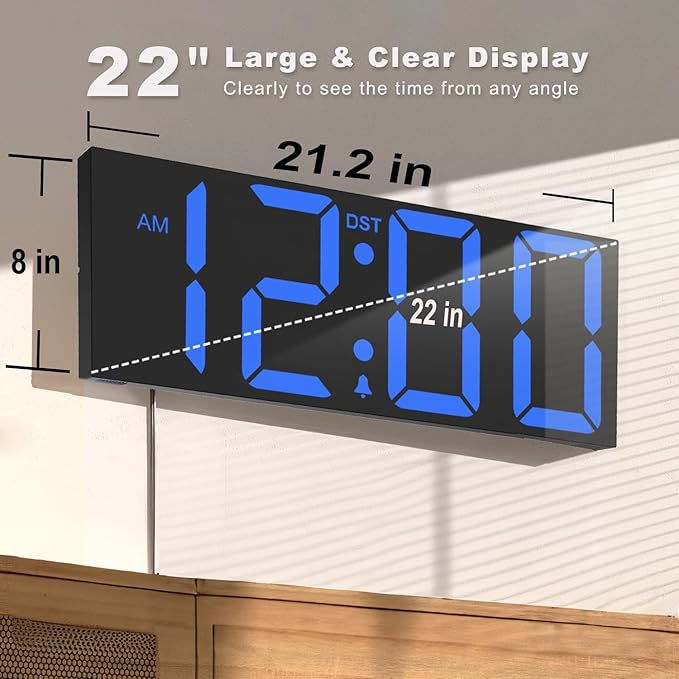 JALL 22'' Large Digital Wall Clock, Big LED Number Dispaly, DST, Night Light for Classroom, Living Room, Bedroom, Mounted, Birthday Xmas Gift for Senior, Mem Womem Mom Dad, Blue