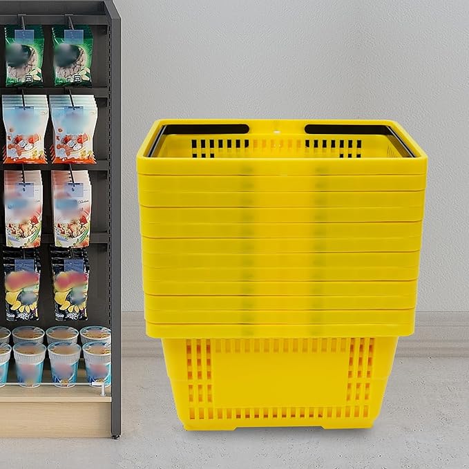 12PCS Yellow Plastic Shopping Baskets with Handles, Portable Retail Baskets Grocery Basket with Handles,18L Hand Shopping Basket Set for Stores, Supermarket, Retail, Groceries Carrying
