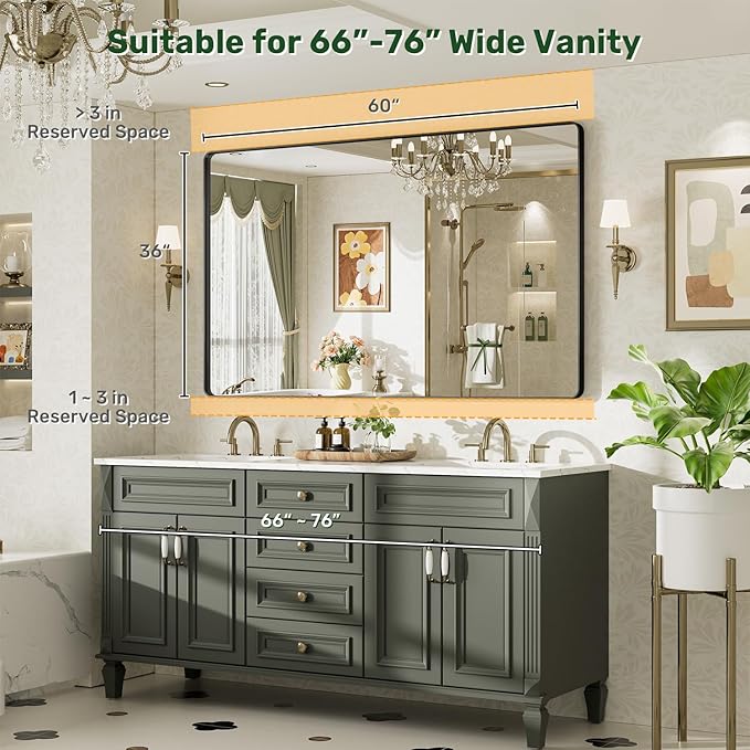 60X36 Black Bathroom Mirror for Over Sink, Metal Framed Vanity Mirror Wall Mounted, Rectangle Mirror for Bedroom Living Room Restroom Entryway, Anti-Rust, HD Tempered Glass