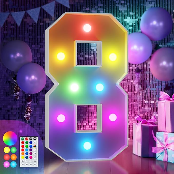 imprsv 3FT Colorful Marquee Numbers,18 Colors with Remote, Light Up Numbers 8 for 18th 80th Birthday Decorations Anniversary Party Decor, Pre-Cut Foam Board Kit, Mosaic Sign for Balloon