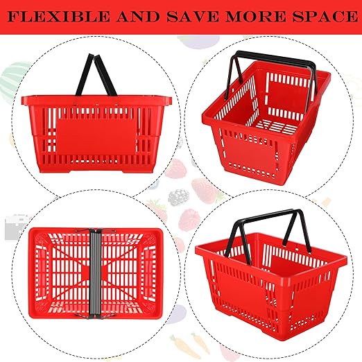 20 Pcs Bulk Shopping Baskets with Handles, 20 L Plastic Grocery Basket 16.9'' x 11.8'' x 9.1'' Portable Shopping Cart for Retail Stores Supermarket(Red)