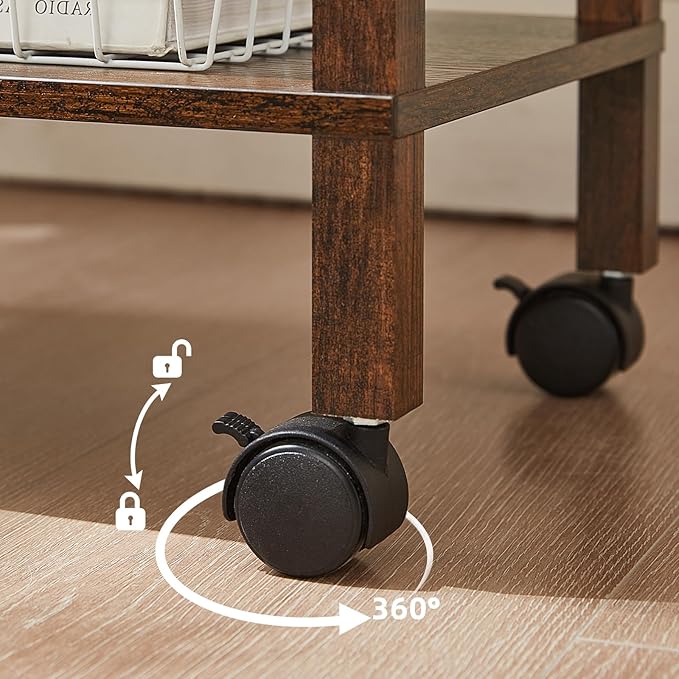 2 Tier Under Desk Printer Stand with Storage, Small Printer Table with Charging Station, Rolling Printer Cart Shelf with Lockable Wheels for Home, Office (Brown)