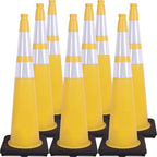 Fluorescent Orange/Green PVC Traffic Cones, Heavy Black Base Parking Lot Cone Structurally Stable Weatherproof Road Construction Safety Cones (8, Yellow, 36" Extra Large)