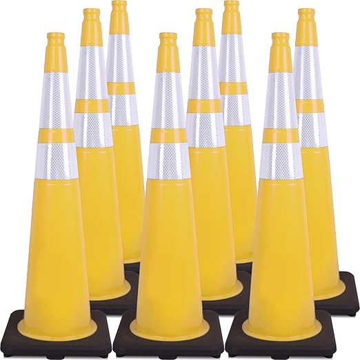 Fluorescent Orange/Green PVC Traffic Cones, Heavy Black Base Parking Lot Cone Structurally Stable Weatherproof Road Construction Safety Cones (8, Yellow, 36" Extra Large)