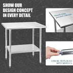 Hally Stainless Steel Table for Prep & Work 24 x 36 Inches, NSF Commercial Heavy Duty Table with Undershelf and Galvanized Legs for Restaurant, Home and Hotel