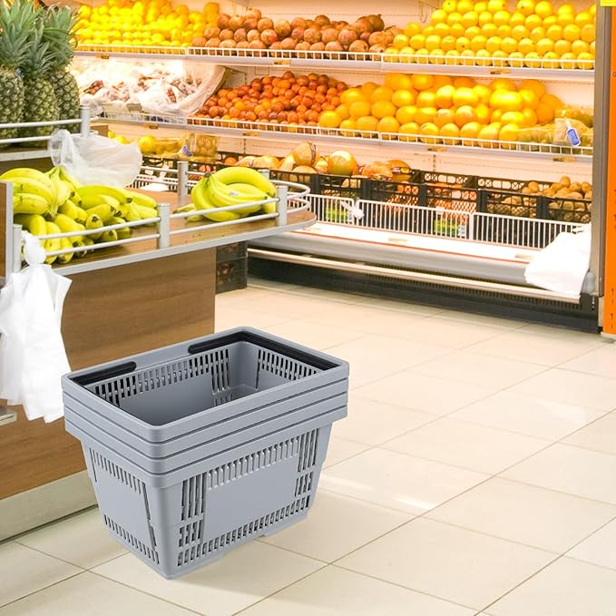 4 Pcs 28 L Durable Plastic Shopping Basket with Handle, Portable Shopping Basket for Supermarket Retail Store, 18.70" x 12.60" x 10.24", Gray