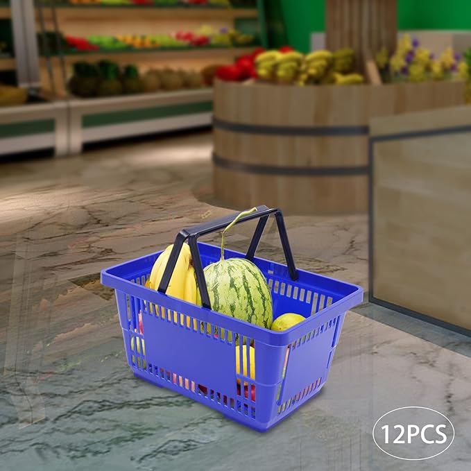 12PCS Blue Plastic Shopping Baskets with Handles, Portable Retail Baskets Grocery Basket with Handles,21L Hand Shopping Basket Set for Stores, Supermarket, Retail, Groceries Carrying