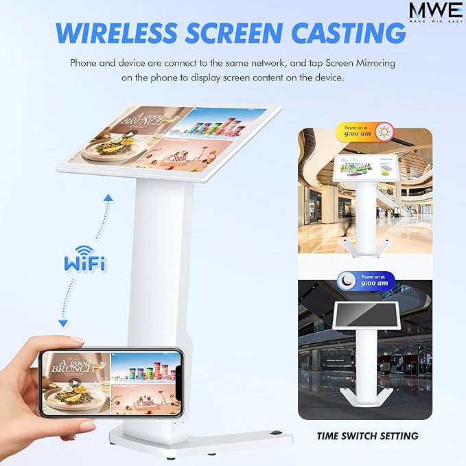 MWE 32 Inch Touch-screen Self Service Kiosk, Floor Standing Digital Signage Display, FHD Information Kiosk, 2 Speakers, Interactive Display for Mall Navigation/Self-Ordering/Advertising/Retail Store