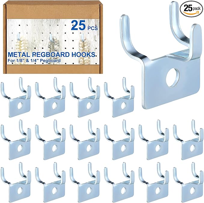 Tandefio 25 Pcs Pegboard Hooks Metal Prong Hook Peg Board for Hanging Hangers for Wall Picture Jewelry Display Tool (Silver)