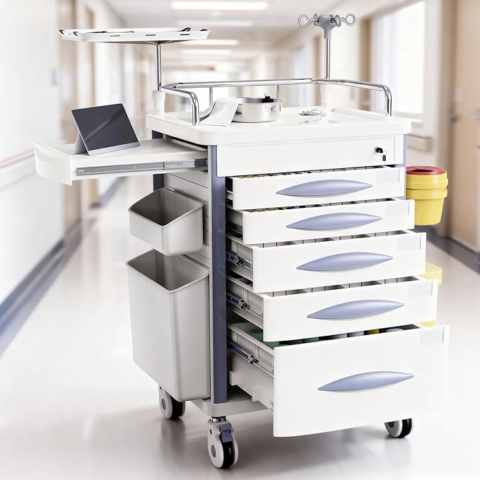 Rolling Emergency Medical Storage Crash Cart with Drawers -CPR Board, IV Pole, Silent Casters, Trash Bin, O2 Holder, Drawer with Dividers, File Box, Nursing Cart for Clinic, Hospital, Salon