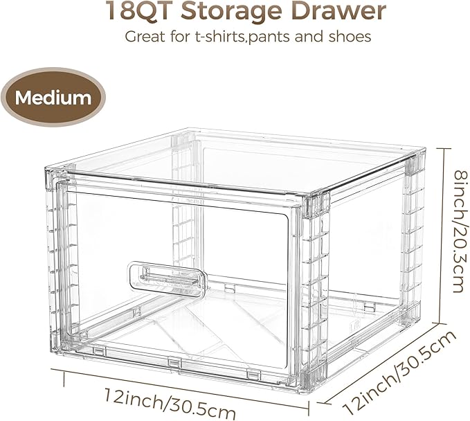 Vtopmart 6 Pack 18QT Clear Stackable Storage Drawers,Easily Assemble Closet Organizers,Plastic Storage Bins for Bathroom,Cabinet,Kitchen Pantry,Under Sink Organization(Medium)