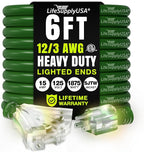 6ft Outdoor/Indoor Extension Cord 3-Outlet 12/3 Gauge Extra Heavy Duty ETL Listed, 3 Prong SJTW, Waterproof, Flexible Cold-Resistant Long Power Cord,15A 125V 1875W, Green by LifeSupplyUSA
