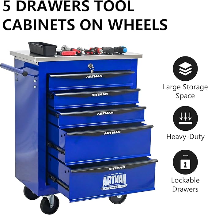 5 Drawer Rolling Tool Chest with Locker, 22.2" D Metal Movable Lockable Tool Cart Box Multi-Functional Hardware Storage Cabinet Box for Warehouse Basement Home Pantry Garage