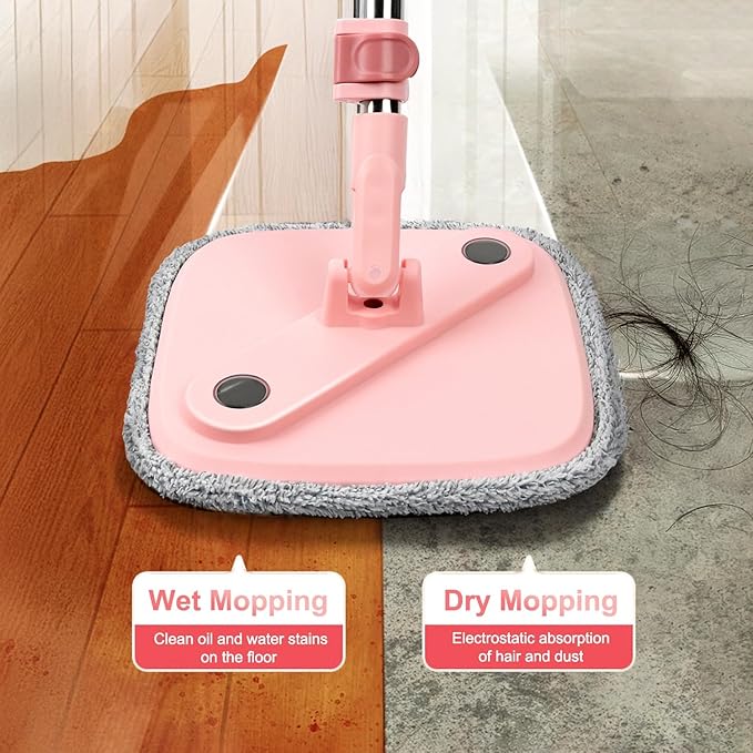 KZKR Square Spin Mop and Bucket Set with Self Separation Dirty and Clean Water System, Self Wringing 360° Rotating Mops Head with 2 Replaceable Microfiber Pads for Home Floors Cleaning