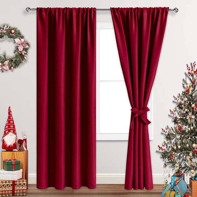 JIUZHEN Christmas Blackout Curtains for Bedroom - Thermal Insulated Room Darkening Rod Pocket Curtains for Living Room, Set of 2 Panels with Tiebacks, 42 x 84 Inch Length, Red