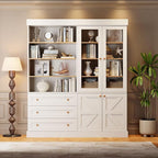 Vyre 71" Tall Farmhouse Bookshelves with Glass Doors and Drawers, Set of 2 – Large Modular Bookcase with Adjustable Shelves, Storage Cabinet for Living Room, Kitchen, White