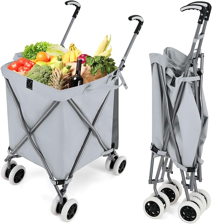 GOFLAME Folding Shopping Cart on Wheels, Waterproof Grocery Cart with Removable Cover and 360° Swiveling Wheels, Collapsible Utility Cart for Groceries and Laundry, 120LBS Load Capacity, Gray