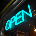 HiNeon Ice Blue Neon Open Sign 20inx7in LED Open Sign w/Remote Controller, Electric Cyan Light Sign for Business Store, w/Hanging Chain for Shop Windows, Direct Plug-In w/ 12V Power Adapter