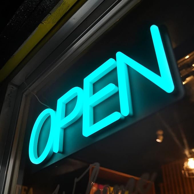 HiNeon Ice Blue Neon Open Sign 20inx7in LED Open Sign w/Remote Controller, Electric Cyan Light Sign for Business Store, w/Hanging Chain for Shop Windows, Direct Plug-In w/ 12V Power Adapter
