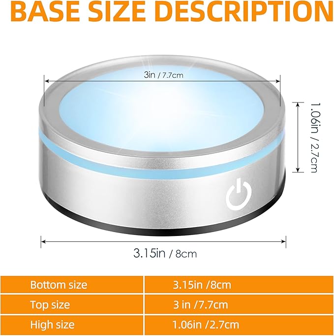 EUSTUMA LED Light Base Non-slip Round Display Stand,crystal led light base,Suitable for Glass Crystal Spherical Artwork,Holiday Party Decoration. (Silver Flat Top Surface)