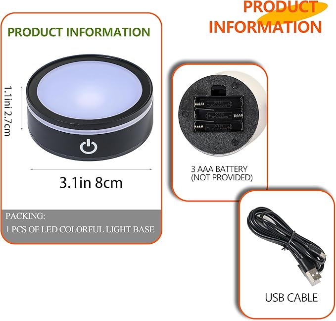 ZEERSHEE 3.3*1inch LED Light Base for Crystal 3D Glass Art Colorful Lighted Round Display Stand 6 Lighting Mode Color Change Battery/USB Power(Flat)