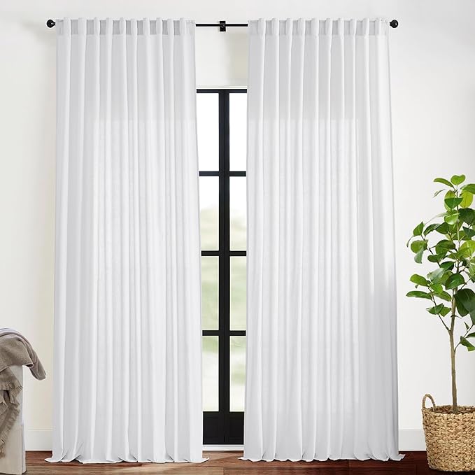 XTMYI Back Tab/Hook Belt Linen Cotton Sheer Curtains for Bedroom White 2 Panels,70 Inch Wide,102 Inch Length