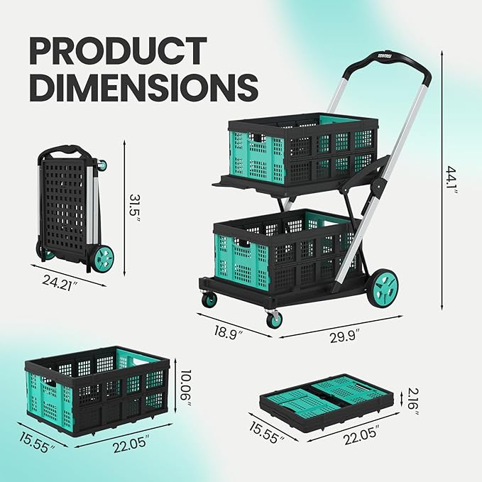 Collapsible Shopping Cart with Wheels, 200 LBS Capacity Grocery Carts with 2 Storage Crate,8-in-1 Grocery Cart on Wheels, Foldable Shopping Carts Platform Hand Truck with Foot Brake, Blue