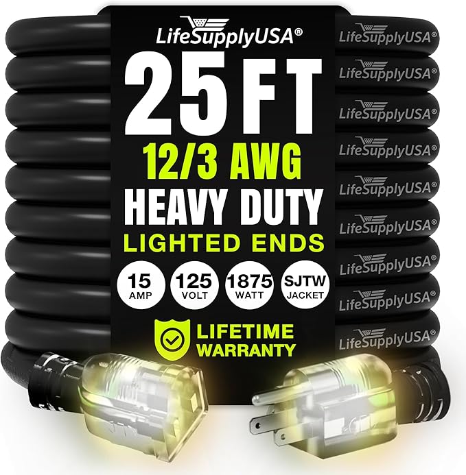 25ft Outdoor/Indoor Extension Cord 12/3 Gauge Extra Heavy Duty 3 Prong SJTW, Waterproof, Flexible Cold-Resistant Long Power Cord,15A 125V 1875W, Black by LifeSupplyUSA