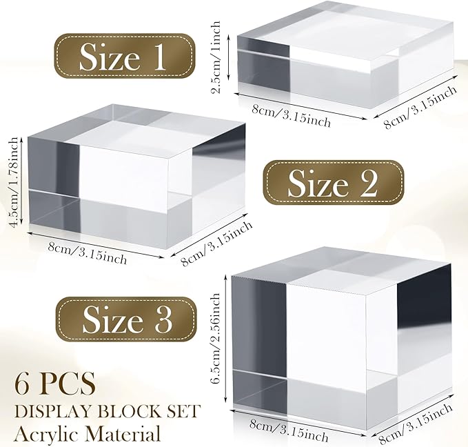 Geelin 6 Pcs Acrylic Risers Stands Display Block Clear Polished Acrylic Cube Solid Display Pedestal Stand Square for Small Jewelry Perfume Photography Collection Food Doll Wedding Christmas 3 Size