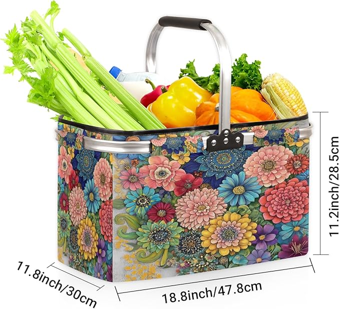 Flowers Collapsible Market Basket, Colorful Floral Leakproof Folding Collapsible Portable Picnic Basket Strong Aluminum Frame for Travel, Shopping, Camping & Lake Trips