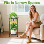 iDavosic.ly 2 Tier Plant Stand Indoor with 10 Inch Wide Tray, Vertical Corner Metal Outdoor Flower Display Holder Shelf, Folding Tall Rack for Patio Porch Living Room, Modern Black
